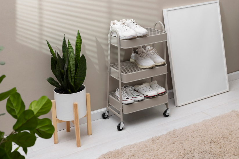 Organizing systems that save time using a simple rolling shoe rack to reduce clutter.