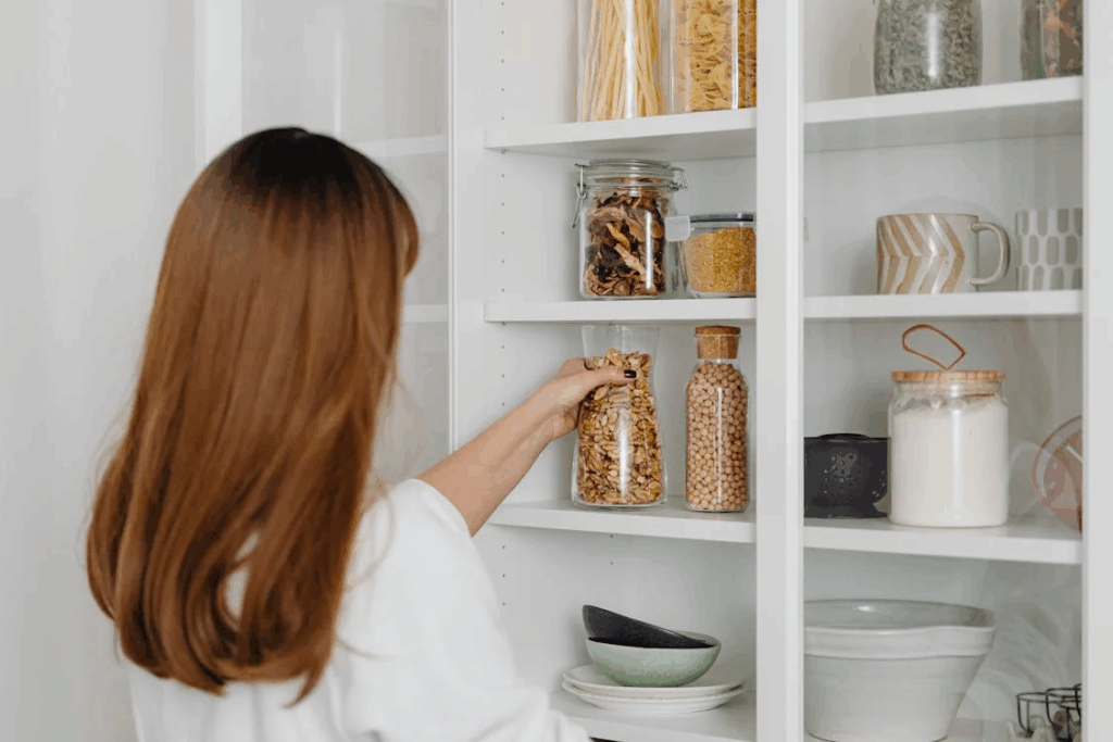 Woman organizing pantry with jars of budget pantry staples during a 10-item pantry reset.